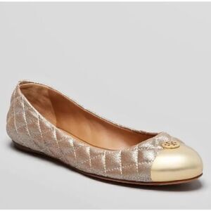 TORY BURCH  Kaitlin Quilted Metallic Ballet Flats in Royal Tan Silver/Gold